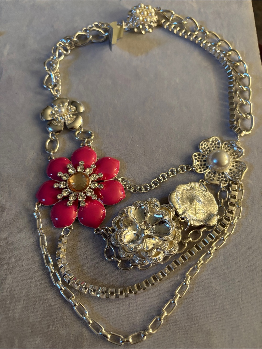 Silver Multi-Flower Statement Necklace with Pink Flower Accent